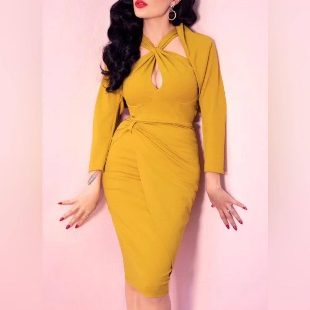 Vixen by Micheline Pitt 30s Golden Pencil Dress Yellow Halter Sheath Midi Bolero